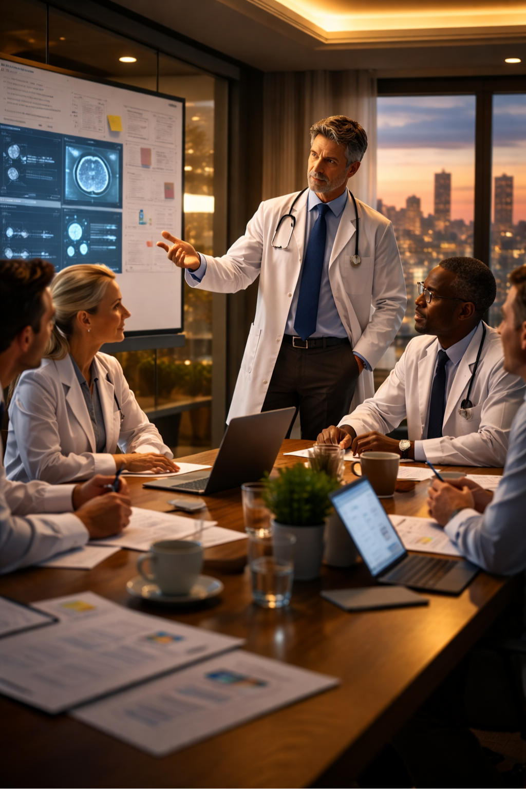 Small group of physicians in a premium clinical meeting discussing advanced addiction medicine strategies in a modern conference setting