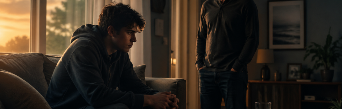 A concerned person stands near a loved one sitting on a couch looking withdrawn, showing emotional support without control in a quiet home setting.