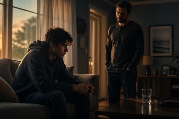 A concerned person stands near a loved one sitting on a couch looking withdrawn, showing emotional support without control in a quiet home setting.