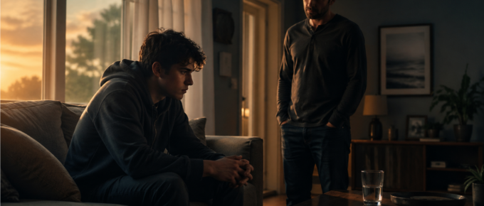 A concerned person stands near a loved one sitting on a couch looking withdrawn, showing emotional support without control in a quiet home setting.