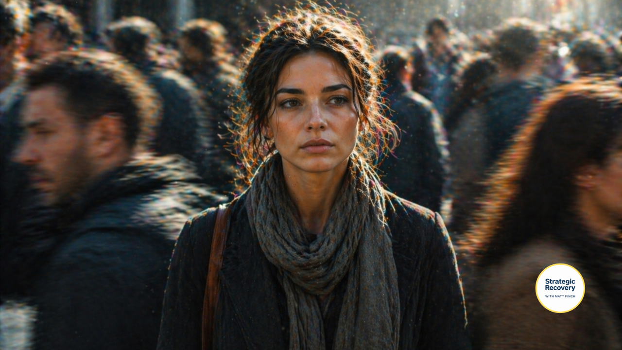 Woman standing still in a busy blurred crowd with a calm but sensitive expression, representing increased empathy, heightened awareness, and emotional overwhelm in modern life