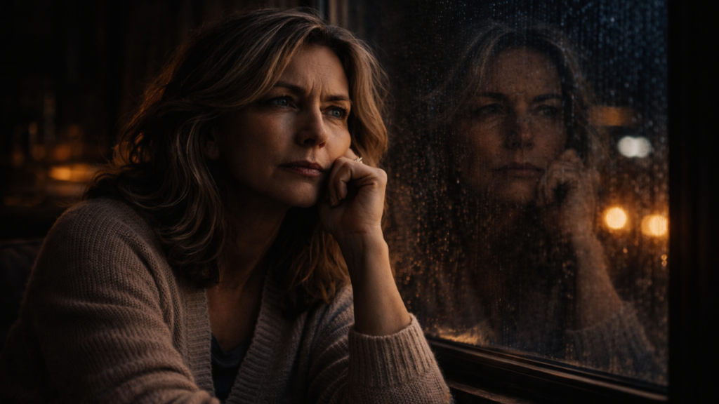 A thoughtful middle-aged woman sitting by a rain-covered window at night, looking out with a serious expression as her reflection appears in the glass, symbolizing self-awareness and feeling stuck in repetitive thought patterns.