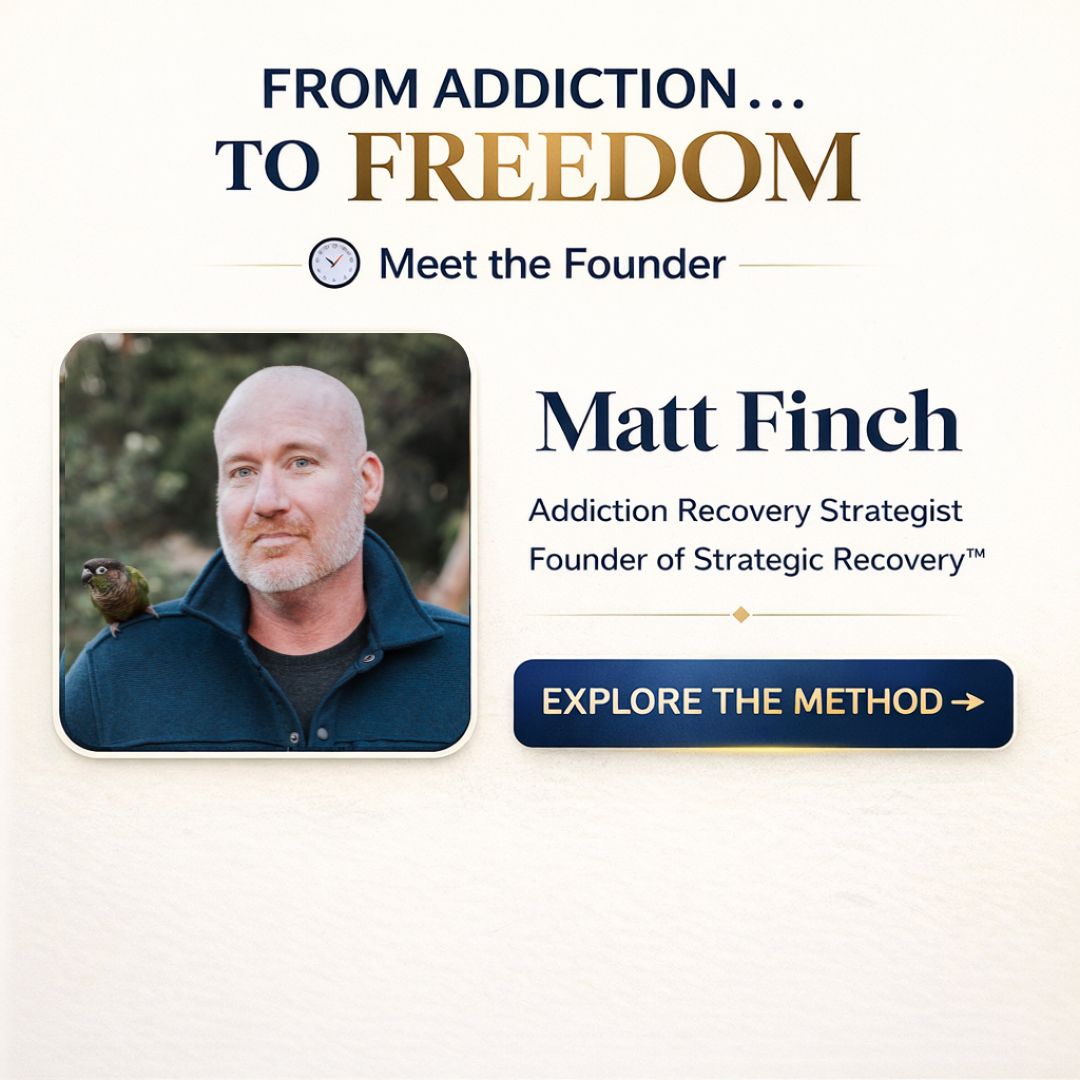 Matt Finch, addiction recovery strategist and founder of Strategic Recovery™, featured in a professional banner with the message “From Addiction to Freedom” and a call-to-action to explore his method.