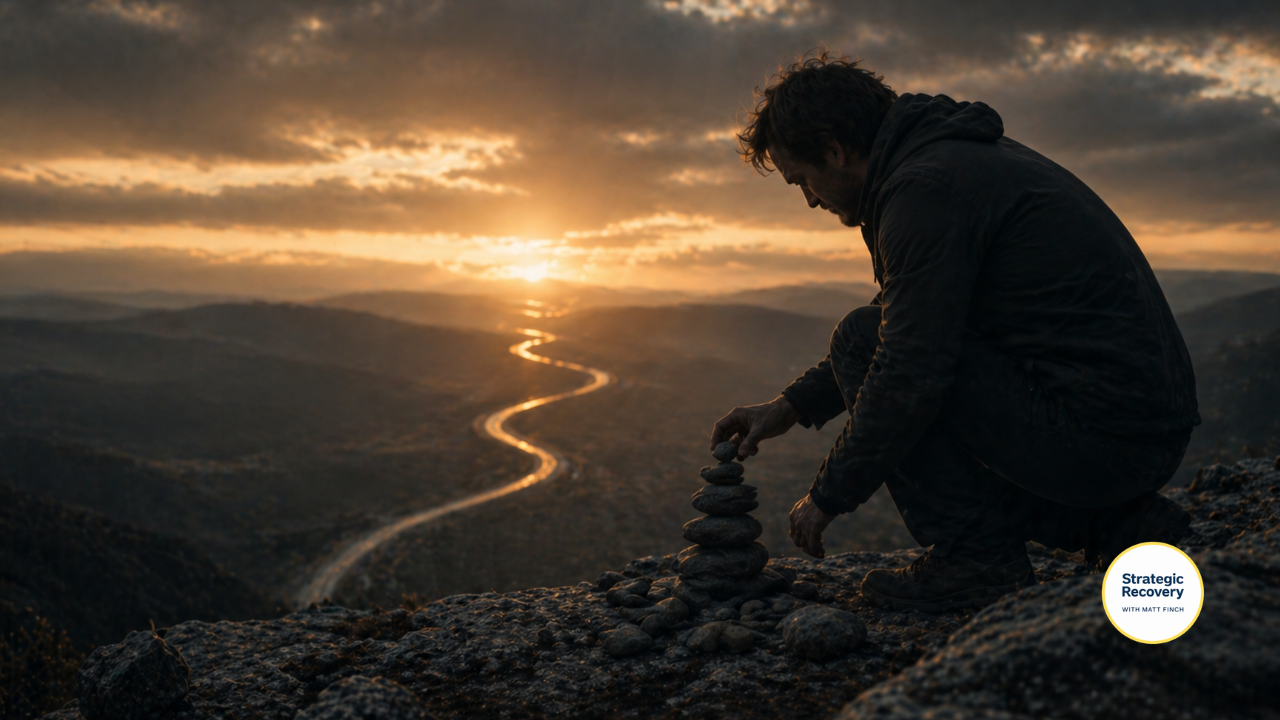 Person carefully stacking stones on a rocky cliff at sunset, symbolizing small consistent changes, patience, and strategic recovery from addiction