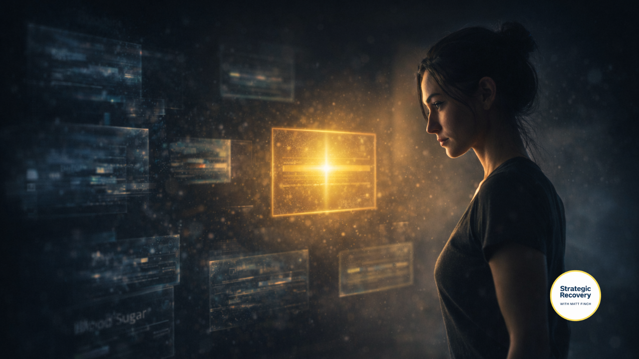 Cinematic scene of a woman observing abstract internal systems shifting from chaos to alignment, symbolizing matching the right supplements to brain chemistry in addiction recovery