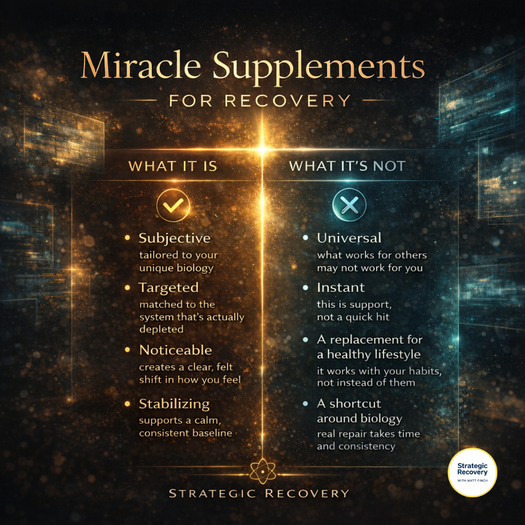 Infographic showing what miracle supplements for addiction recovery are and are not, highlighting targeted, stabilizing support versus common misconceptions