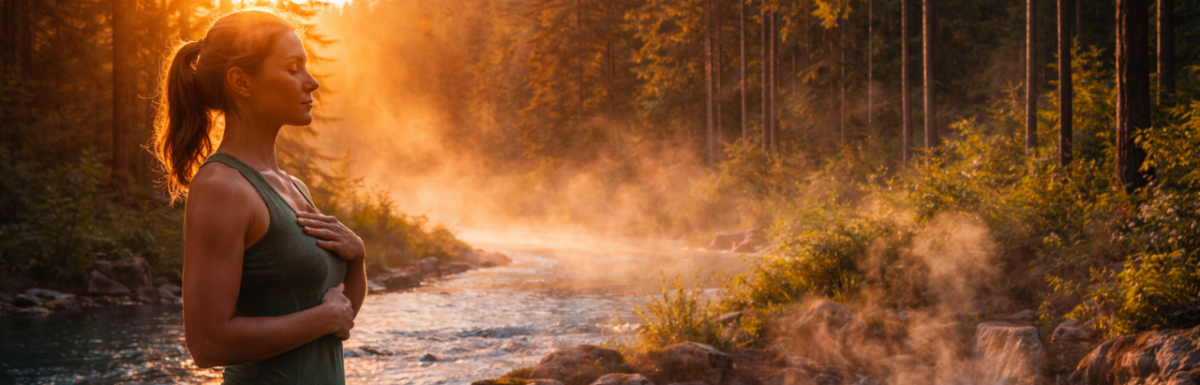 Woman practicing mindful breathing at sunrise by a forest river with warm sunlight and rising steam, representing natural biohacking, nervous system regulation, and addiction recovery.