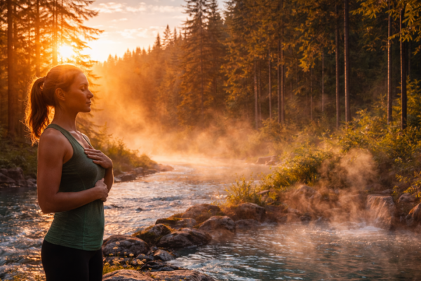 Woman practicing mindful breathing at sunrise by a forest river with warm sunlight and rising steam, representing natural biohacking, nervous system regulation, and addiction recovery.