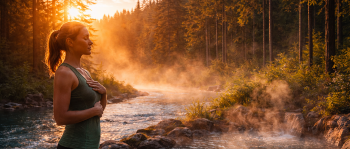 Woman practicing mindful breathing at sunrise by a forest river with warm sunlight and rising steam, representing natural biohacking, nervous system regulation, and addiction recovery.