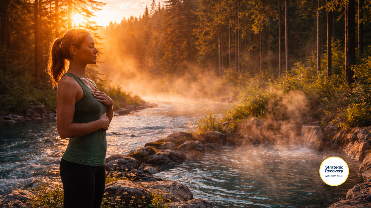 Woman practicing breathing at sunrise by river in forest representing natural biohacking, nervous system regulation, and recovery