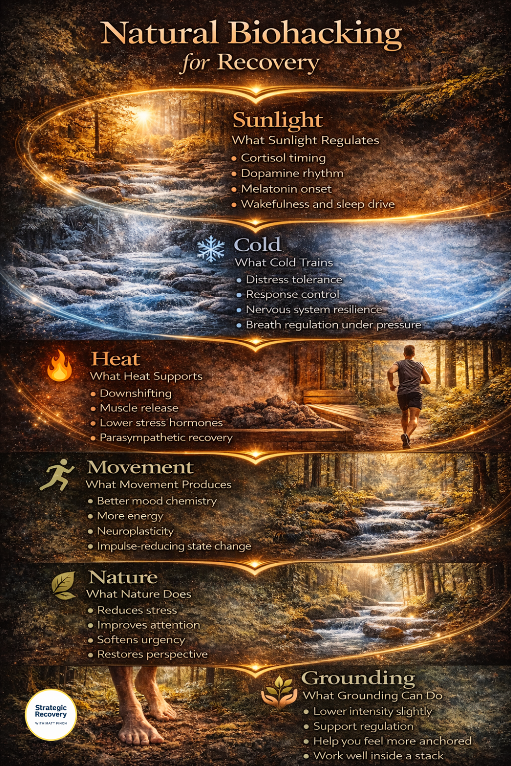 Infographic showing six natural biohacks for addiction recovery: sunlight, cold exposure, heat, movement, nature, and grounding