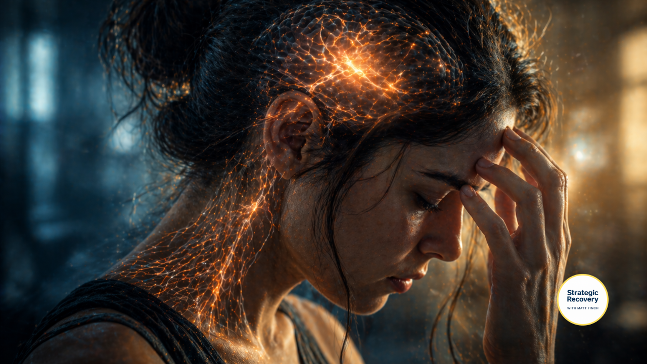 Close-up of a woman holding her head with subtle glowing neural pathways, representing nervous system overload, dopamine depletion, and the biological stress response in modern life