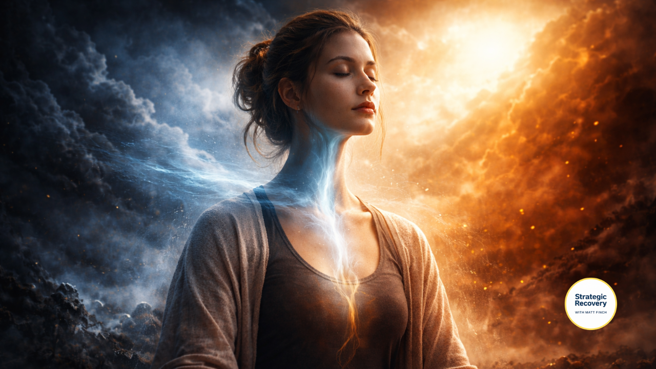 Cinematic image of a woman in profile with dark storm energy on one side and warm light on the other, with glowing breath moving through her chest, throat, and head, symbolizing nervous system regulation and addiction recovery.