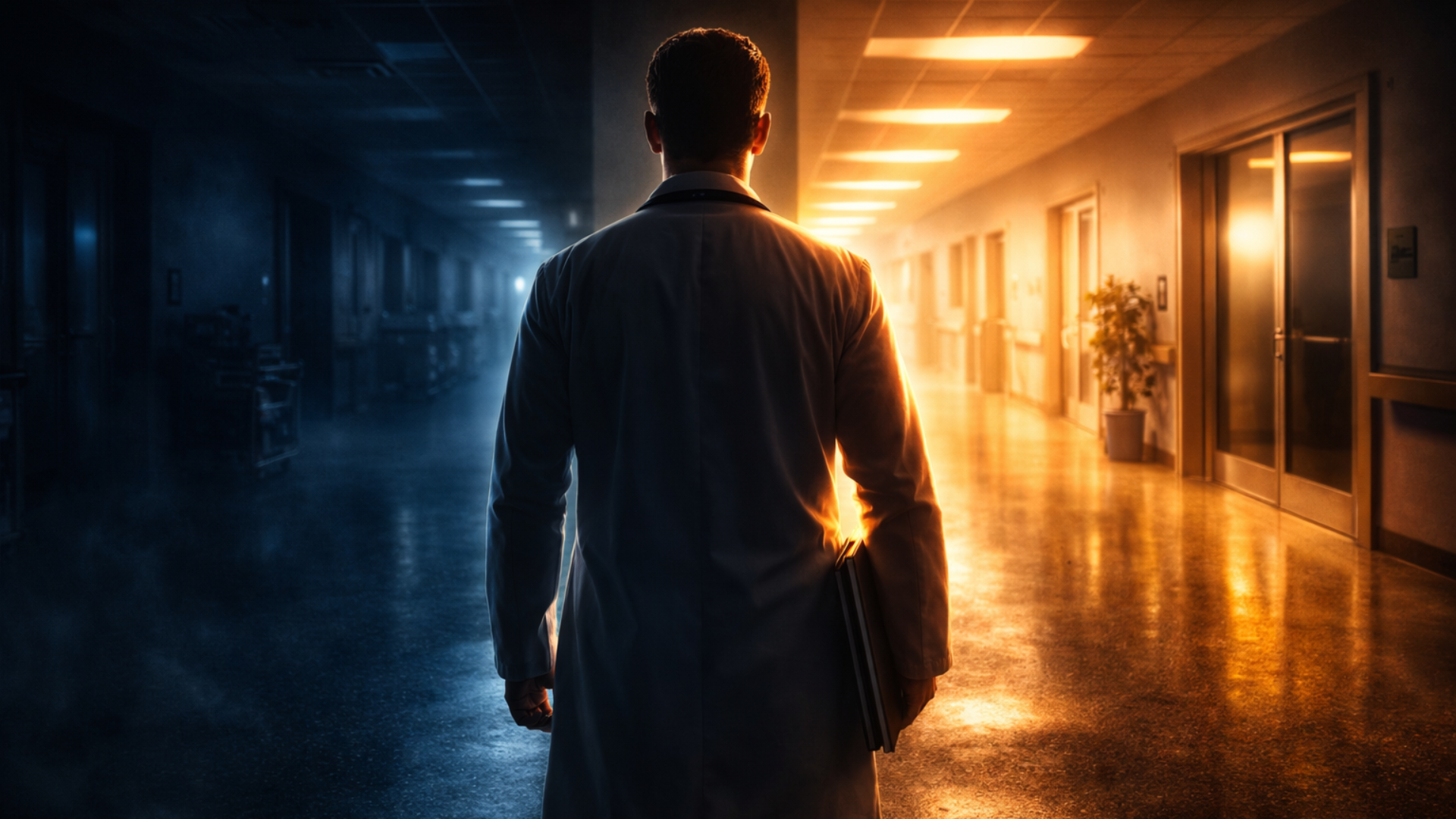 Physician standing at a crossroads in a hospital hallway between a dark uncertain path and a bright structured path representing mastery and clarity in addiction medicine