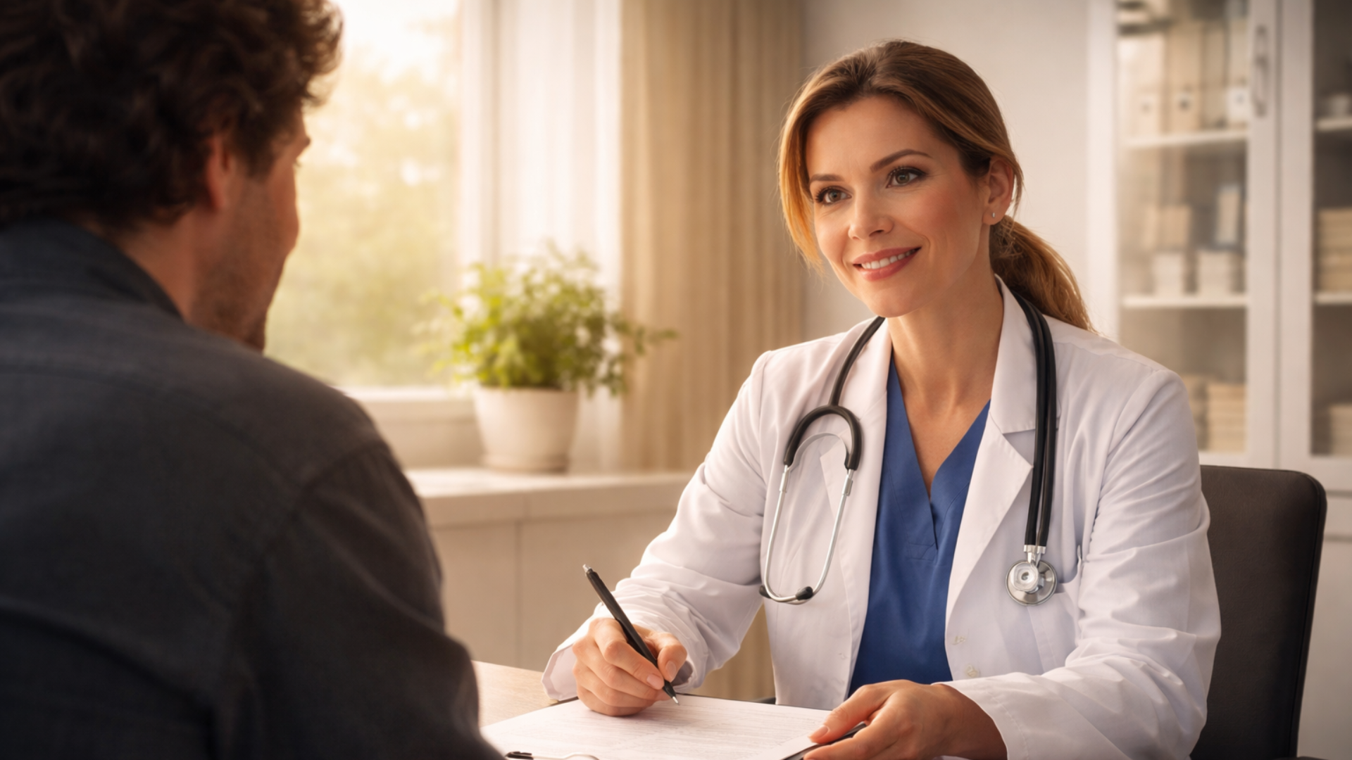 Confident physician consulting with patient in a clinical setting, demonstrating effective addiction treatment and patient-centered care