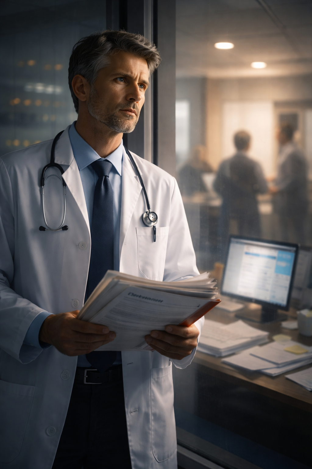 Physician holding patient files and looking uncertain in a clinical setting, representing gaps in addiction medicine training and decision-making complexity