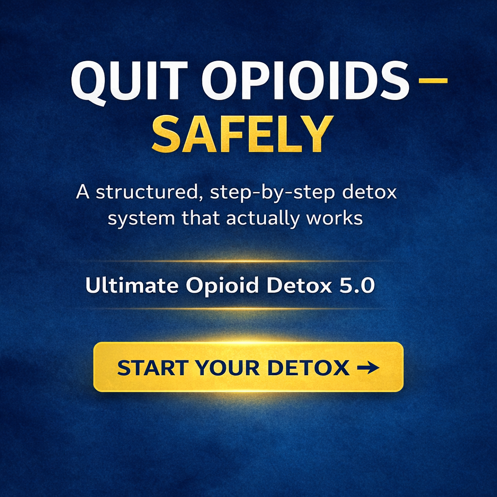 Banner promoting a structured opioid detox course with the message “Quit opioids safely” and a call-to-action to start a step-by-step detox program.