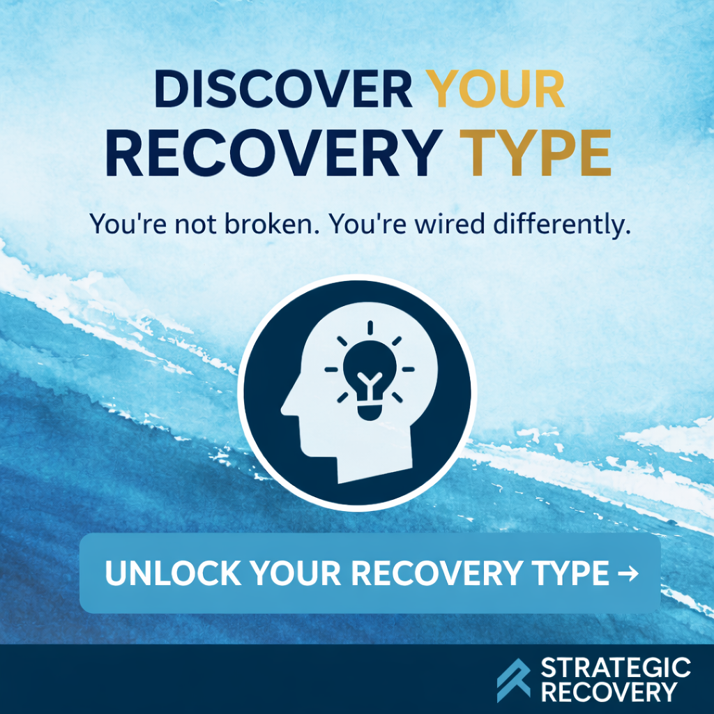 Recovery archetype quiz banner with the message “Discover your recovery type” and “You’re not broken, you’re wired differently,” encouraging users to unlock their personalized recovery path
