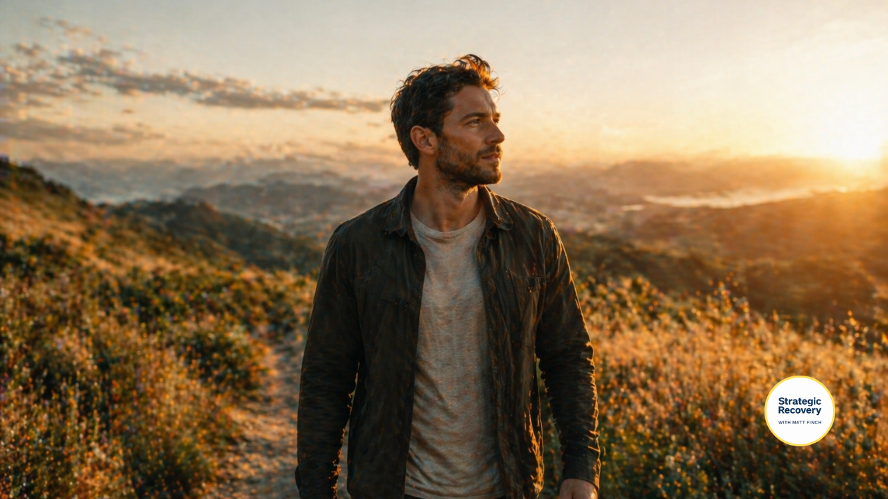 Man walking calmly in warm sunlight on a natural trail, representing nervous system regulation, emotional stability, and recovery from stress and overstimulation