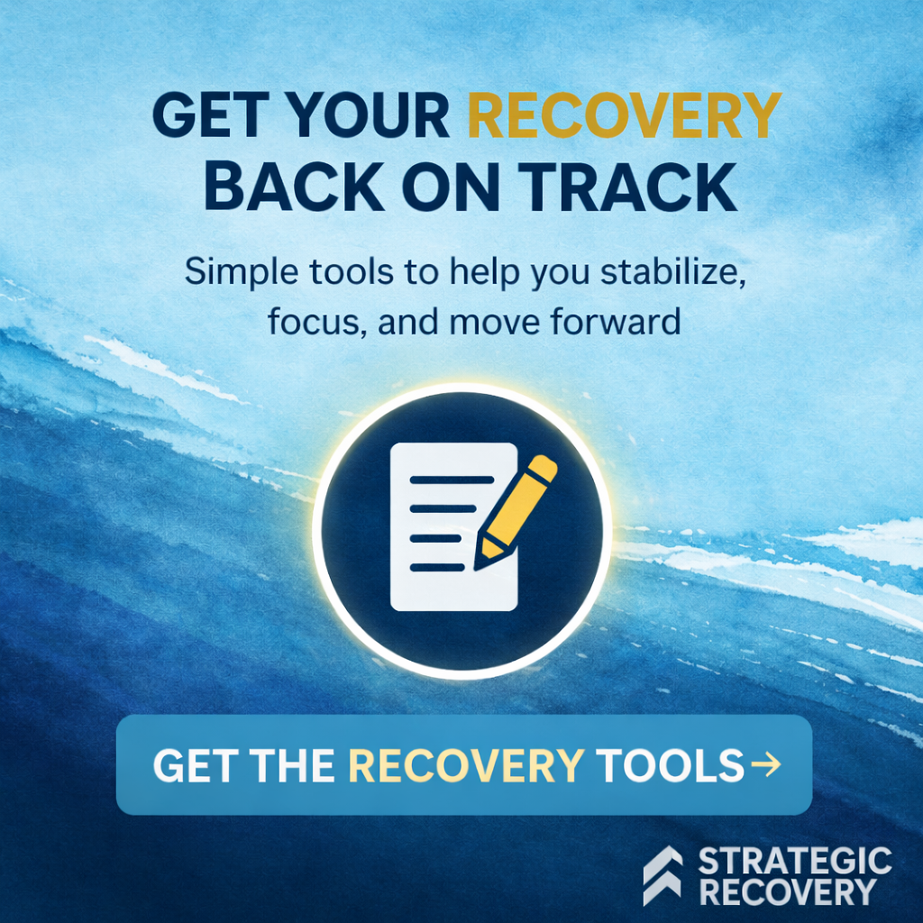 Recovery tools banner with the message “Get your recovery back on track” promoting simple worksheets to help stabilize, focus, and move forward in addiction recovery.