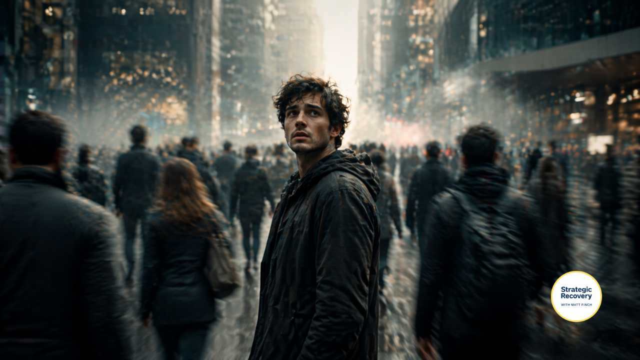 Person standing still in a crowded city with blurred moving people around them, representing the feeling that something is off in modern life and the psychological impact of overstimulation and disconnection
