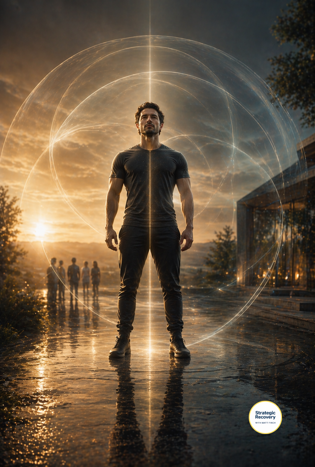 Cinematic image of a grounded man standing within a subtle protective energy field representing the Strategic Recovery 5 Pillar Shield for stability in addiction recovery, with warm sunlight and cool tones symbolizing balance and nervous system regulation.