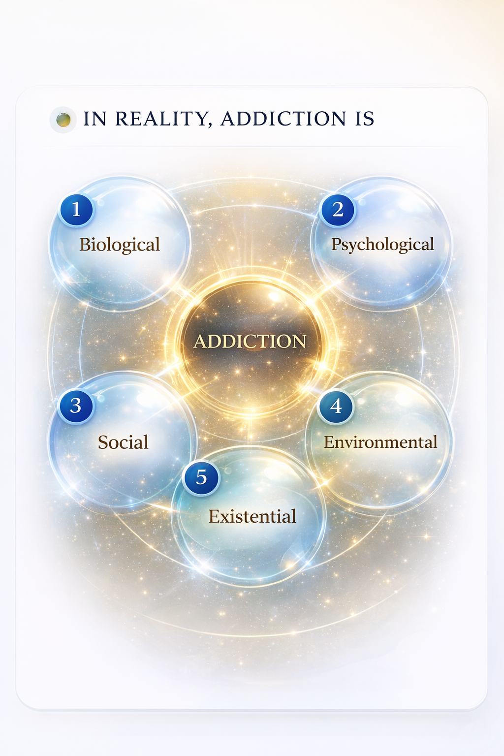Addiction shown as a five-dimensional model including biological, psychological, social, environmental, and existential factors