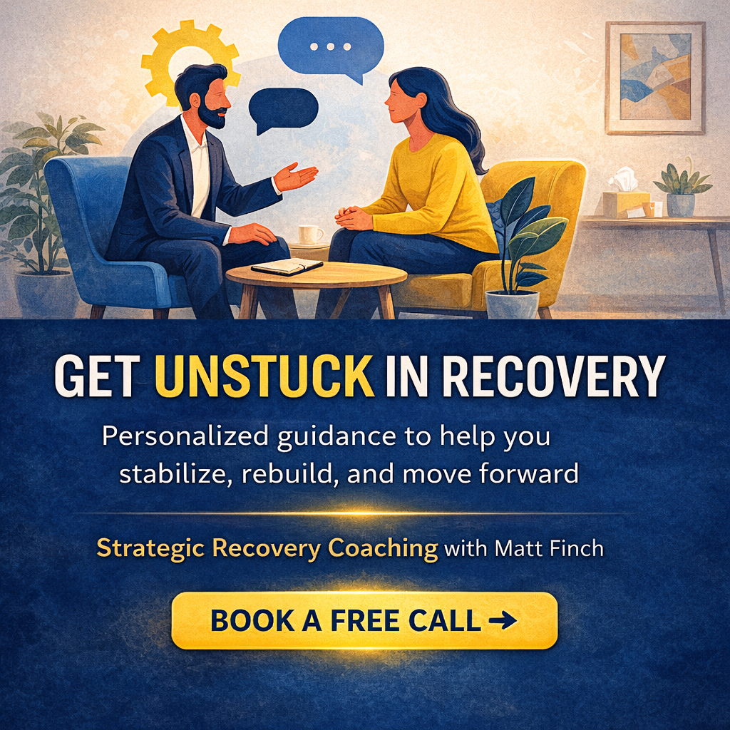Strategic Recovery Coaching banner showing a supportive coaching conversation with the message “Get unstuck in recovery” and a call-to-action to book a free call for personalized addiction recovery support.