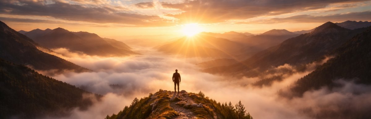 A person standing on a mountain ridge at sunrise overlooking clouds and valleys, symbolizing clarity, breakthrough, and a new path in addiction recovery.