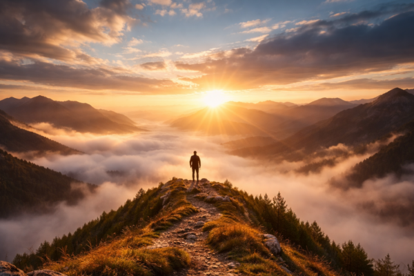 A person standing on a mountain ridge at sunrise overlooking clouds and valleys, symbolizing clarity, breakthrough, and a new path in addiction recovery.