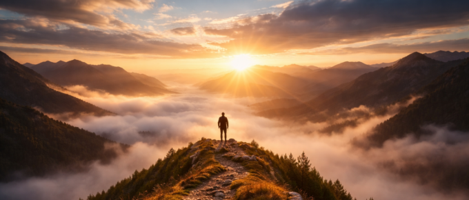 A person standing on a mountain ridge at sunrise overlooking clouds and valleys, symbolizing clarity, breakthrough, and a new path in addiction recovery.