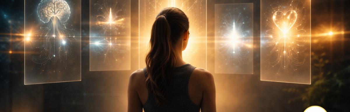 Cinematic image of a focused woman in a dark room viewing glowing panels representing brain chemistry and internal systems, with one central panel aligned and illuminated, symbolizing precision and balance in addiction recovery.