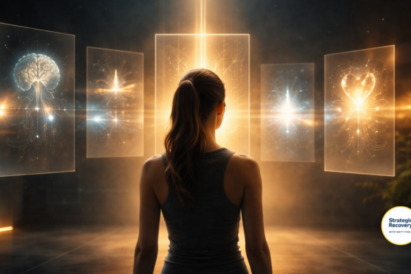 Cinematic image of a focused woman in a dark room viewing glowing panels representing brain chemistry and internal systems, with one central panel aligned and illuminated, symbolizing precision and balance in addiction recovery.