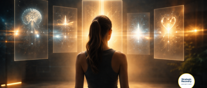 Cinematic image of a focused woman in a dark room viewing glowing panels representing brain chemistry and internal systems, with one central panel aligned and illuminated, symbolizing precision and balance in addiction recovery.