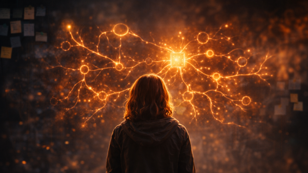 A person standing in a dark environment facing a glowing, organic network of interconnected lines and nodes, symbolizing clarity emerging from complex patterns in addiction recovery.