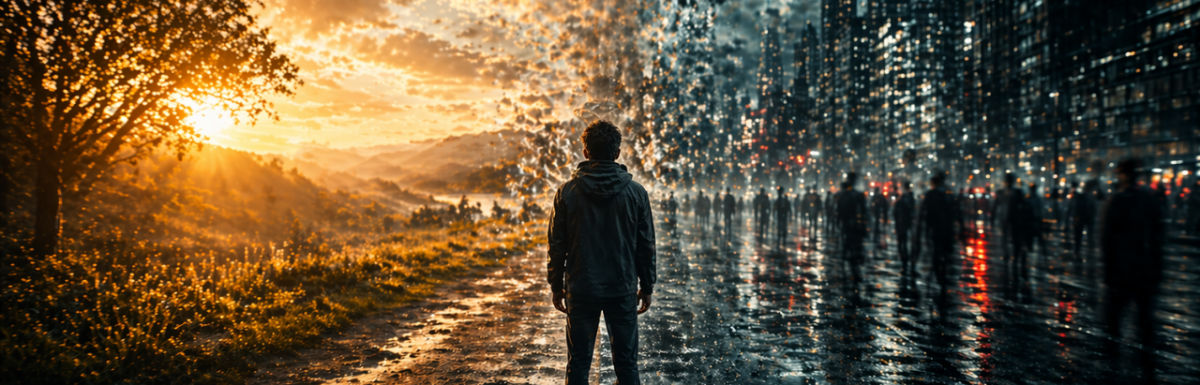Cinematic scene of a person standing between a calm natural landscape and a distorted urban environment, symbolizing why everything feels dystopian and the psychological impact of modern life, addiction, and overstimulation.