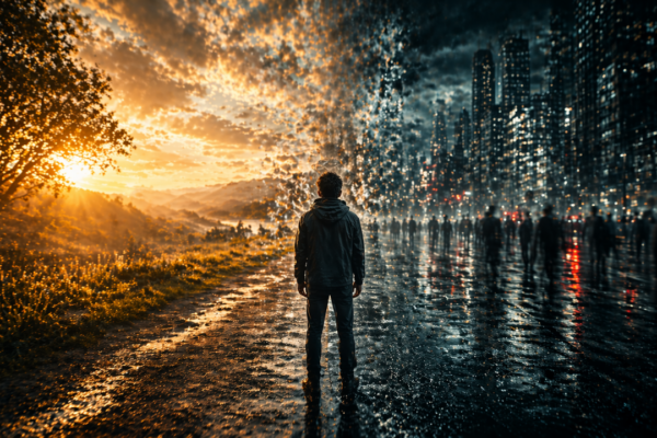 Cinematic scene of a person standing between a calm natural landscape and a distorted urban environment, symbolizing why everything feels dystopian and the psychological impact of modern life, addiction, and overstimulation.