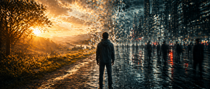 Cinematic scene of a person standing between a calm natural landscape and a distorted urban environment, symbolizing why everything feels dystopian and the psychological impact of modern life, addiction, and overstimulation.