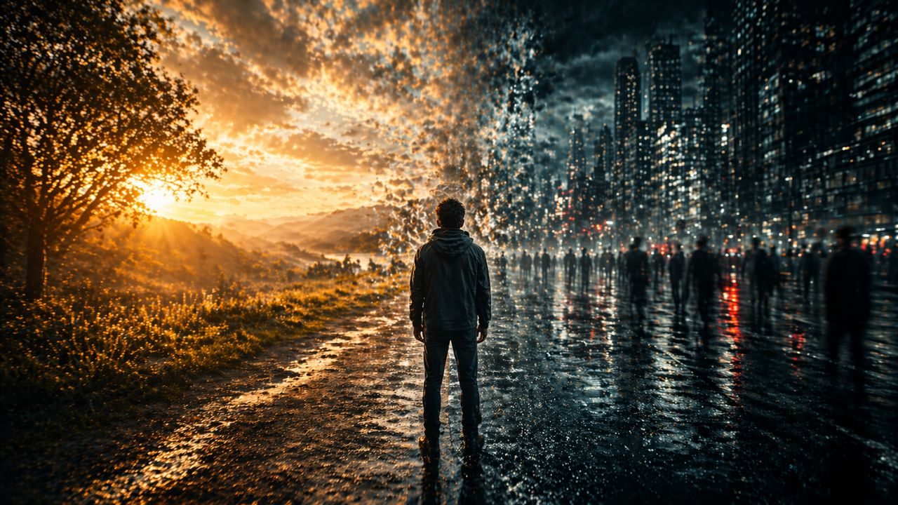 Cinematic scene of a person standing between two shifting realities, representing the feeling that something is off in modern life and the transition into a new level of awareness