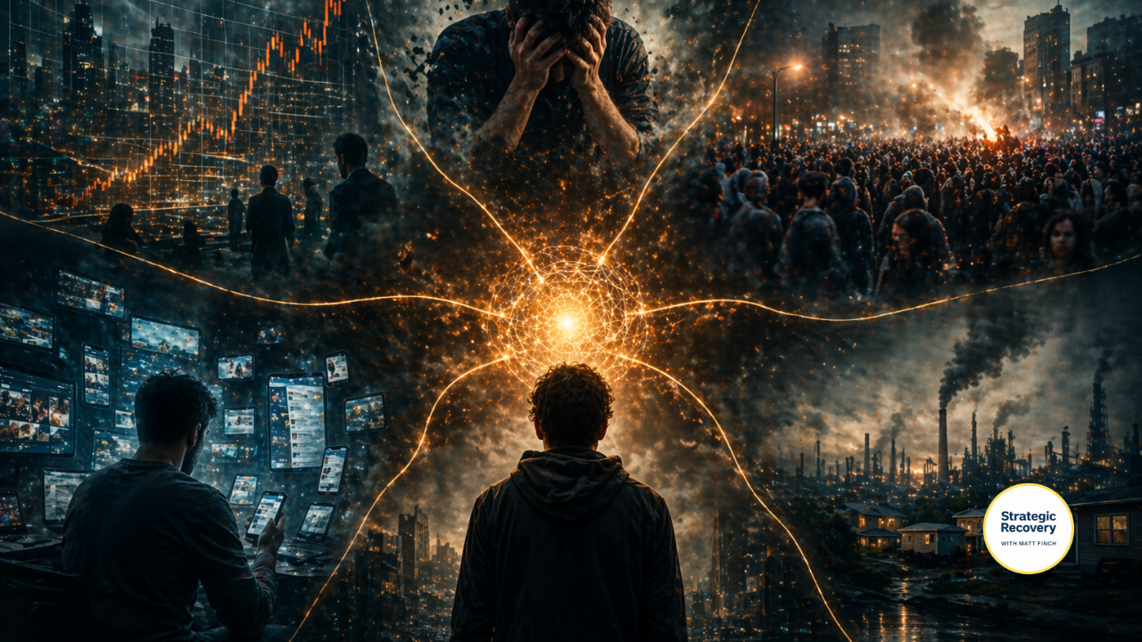 Infographic showing converging forces including economic pressure, digital overload, mental health strain, and social instability connected to a central point, illustrating why modern life feels dystopian