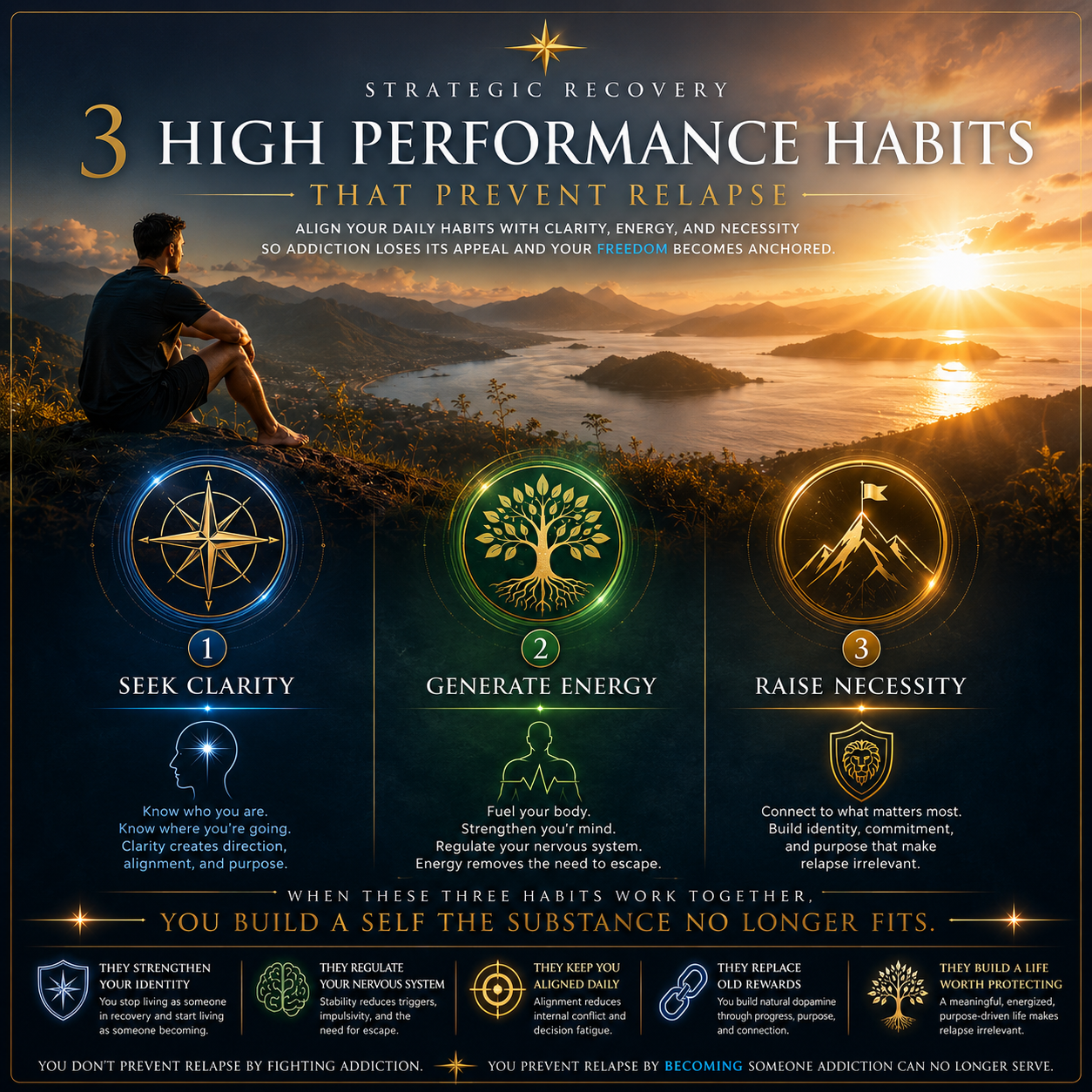 Strategic Recovery infographic explaining the three high-performance habits that prevent relapse: clarity, energy, and necessity