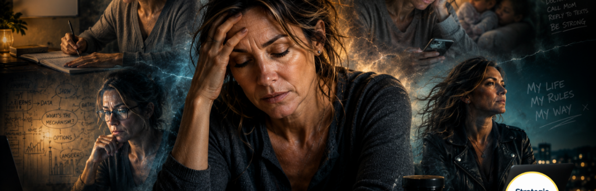 Cinematic psychological portrait of a woman in her 40s sitting exhausted at a kitchen table at night, surrounded by fractured translucent versions of herself representing different personality tendencies in addiction recovery — structured perfectionism, analytical overthinking, emotional caretaking exhaustion, and rebellious independence — with dramatic cinematic lighting and nervous system symbolism.