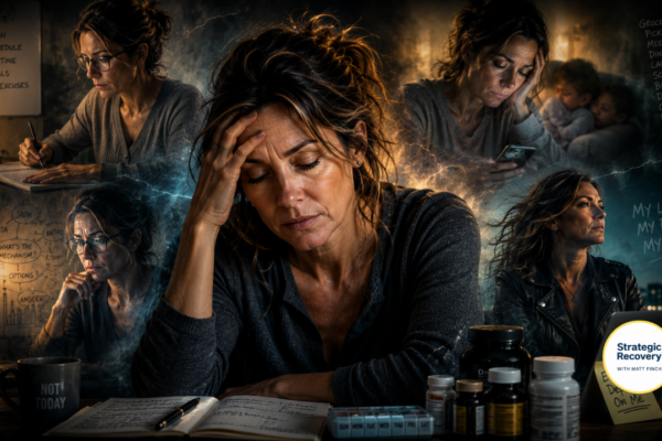 Cinematic psychological portrait of a woman in her 40s sitting exhausted at a kitchen table at night, surrounded by fractured translucent versions of herself representing different personality tendencies in addiction recovery — structured perfectionism, analytical overthinking, emotional caretaking exhaustion, and rebellious independence — with dramatic cinematic lighting and nervous system symbolism.