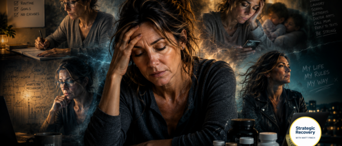 Cinematic psychological portrait of a woman in her 40s sitting exhausted at a kitchen table at night, surrounded by fractured translucent versions of herself representing different personality tendencies in addiction recovery — structured perfectionism, analytical overthinking, emotional caretaking exhaustion, and rebellious independence — with dramatic cinematic lighting and nervous system symbolism.