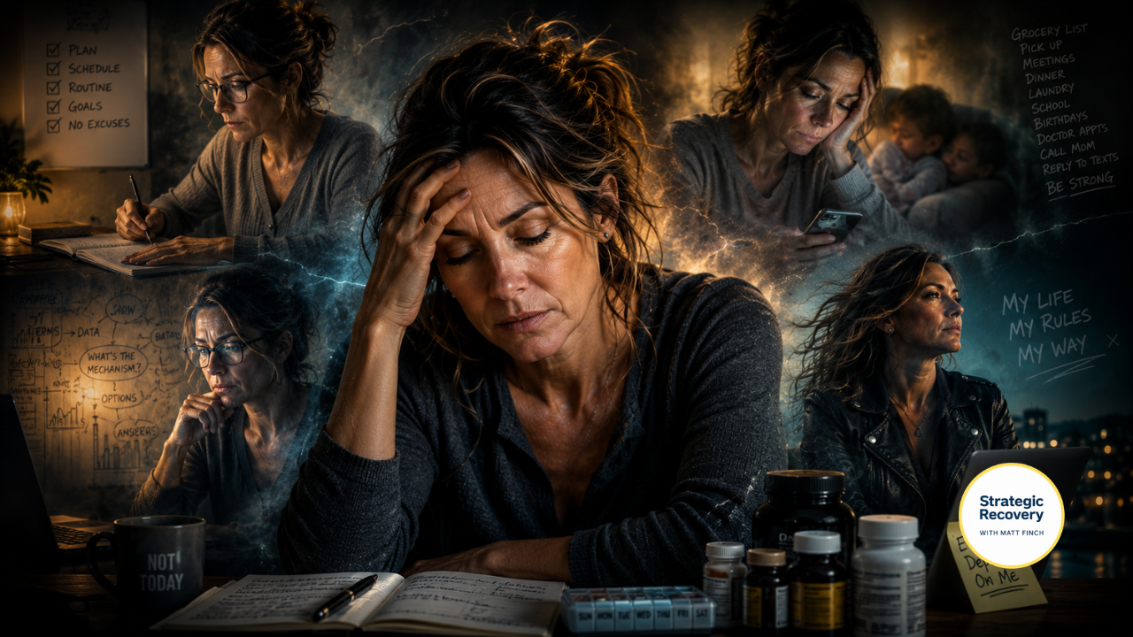 Cinematic psychological portrait of a woman in her 40s sitting exhausted at a table at night, surrounded by fractured translucent versions of herself representing structure, overthinking, caretaking, and independence in addiction recovery