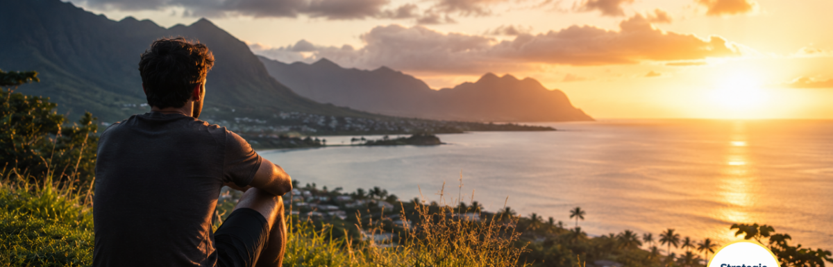 Man sitting barefoot on a grassy Hawaiian coastal overlook at sunrise, reflecting peacefully over Kaneohe Bay during addiction recovery and nervous system healing.