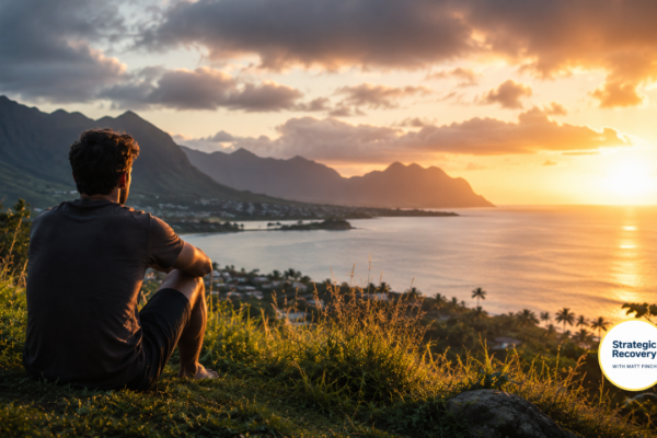 Man sitting barefoot on a grassy Hawaiian coastal overlook at sunrise, reflecting peacefully over Kaneohe Bay during addiction recovery and nervous system healing.