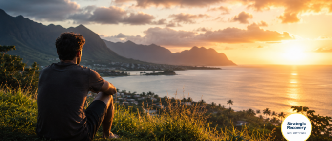 Man sitting barefoot on a grassy Hawaiian coastal overlook at sunrise, reflecting peacefully over Kaneohe Bay during addiction recovery and nervous system healing.