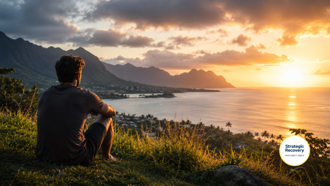 Man sitting barefoot on a grassy Hawaiian coastal overlook at sunrise, reflecting peacefully over Kaneohe Bay during addiction recovery and nervous system healing