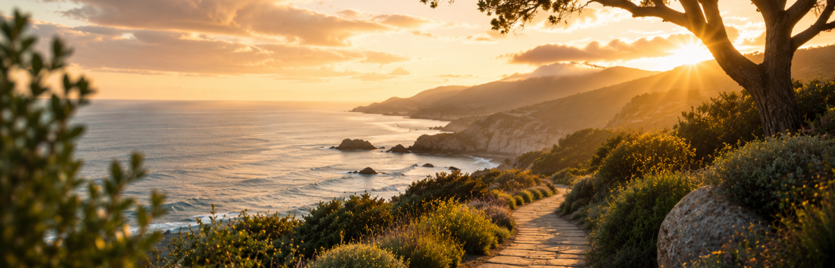 Golden sunrise over a peaceful coastal path winding through green cliffs beside the ocean, symbolizing a path from survival toward recovery.
